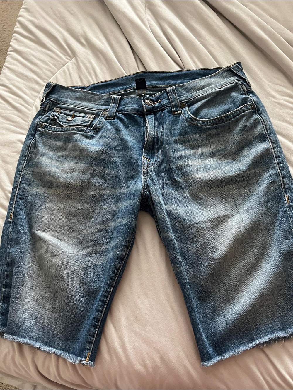 True Religion Men's Distressed Blue Denim Cutoff Shorts